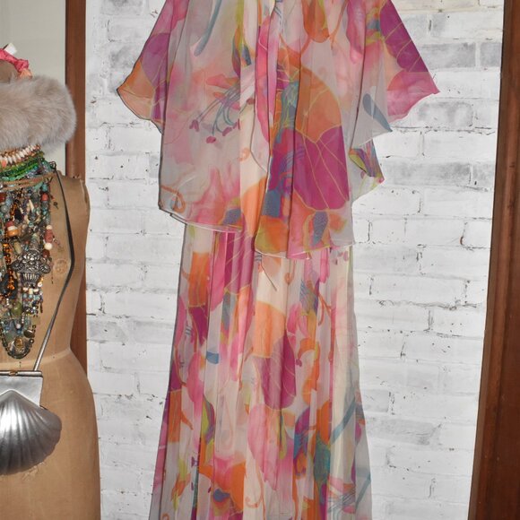 1960's VINTAGE Abstract Flora Chiffon Maxi Stunning Dress Small Size - Picture 15 of 16